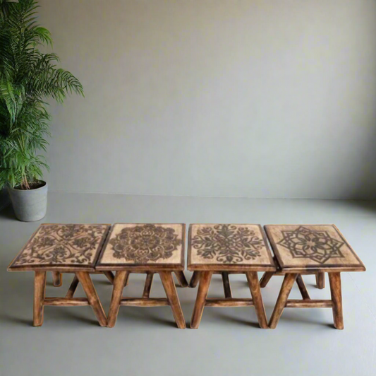 Hand carved waxed stool - 4 designs available. 