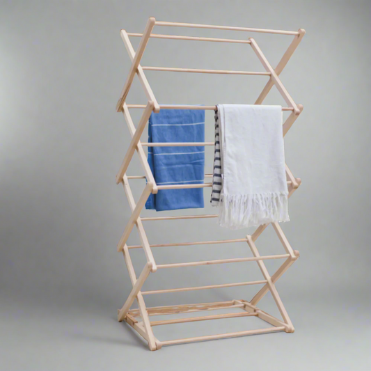 Natural Beech wood folding clothes horse with towels. 