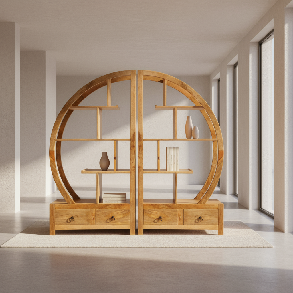 Wooden circular shelf with multiple shelves and drawers against a gray background