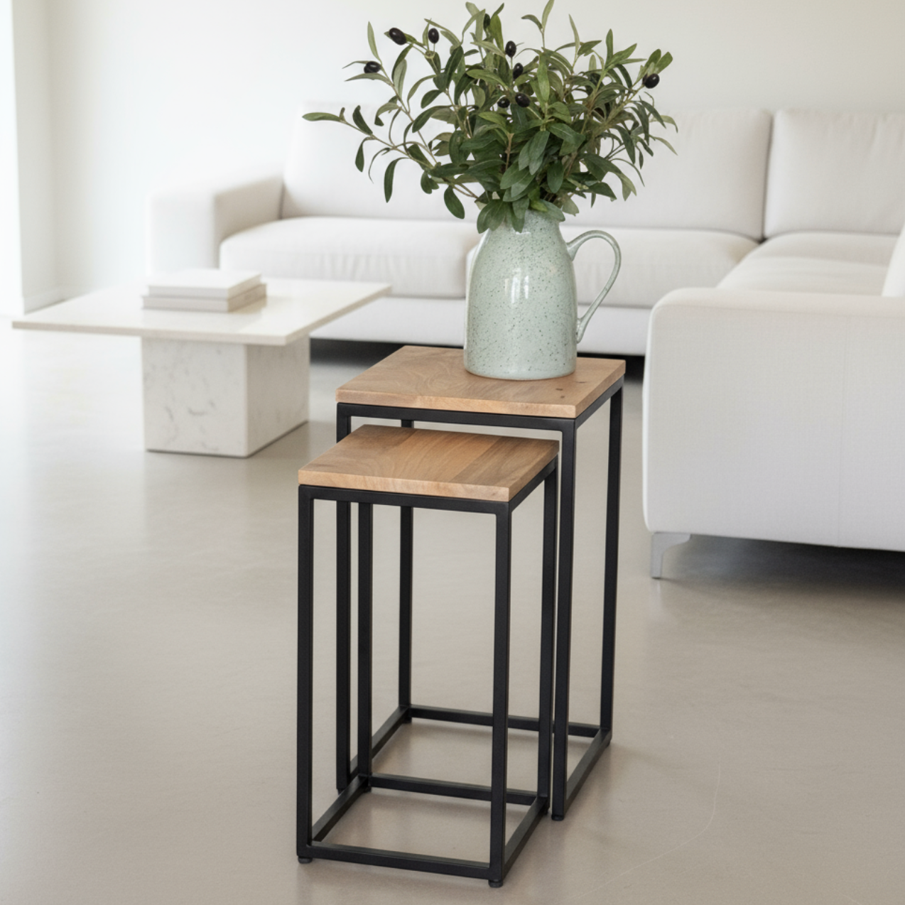 IMANT-004 Nest of 2 slim square side tables or plant stools - Mango wood