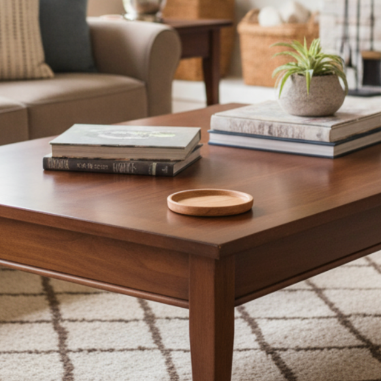 Wooden coffee table with books and a small plant in a living room setting