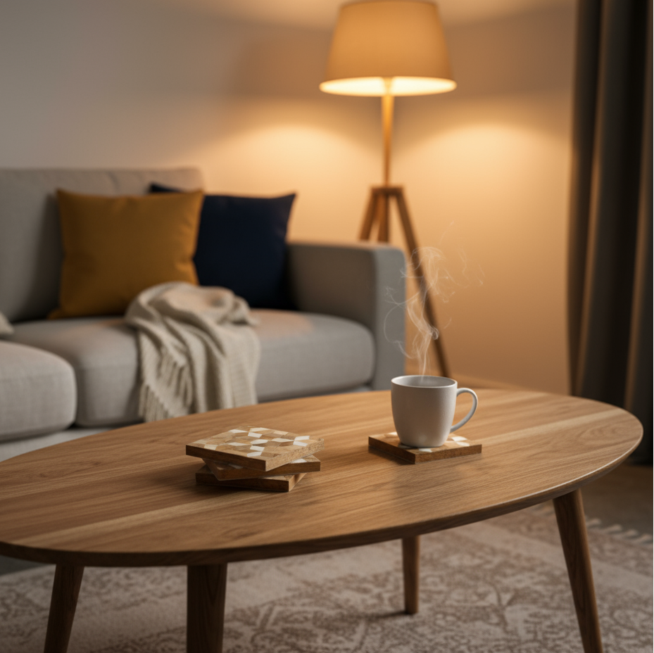Stack of wooden coasters with geometric pattern on a wooden surface