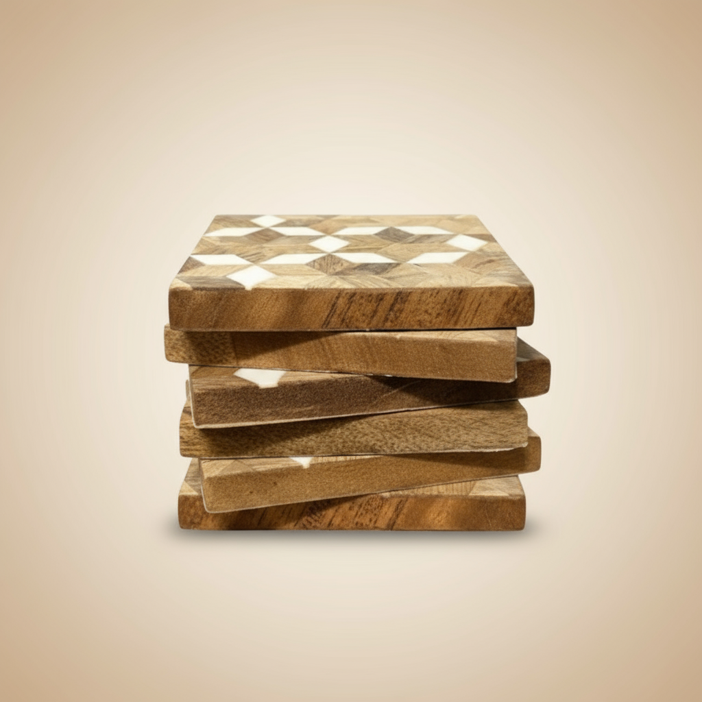 Stack of wooden coasters with geometric pattern on a wooden surface
