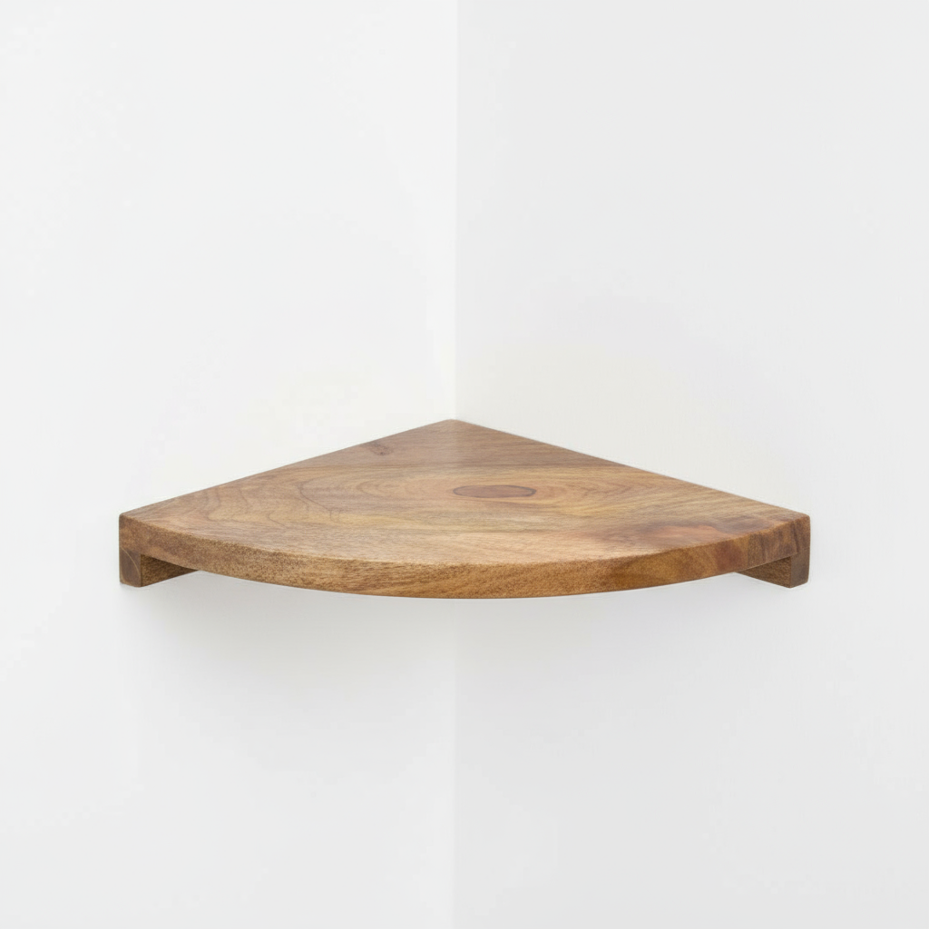 Three wooden corner shelves against a gray wall.