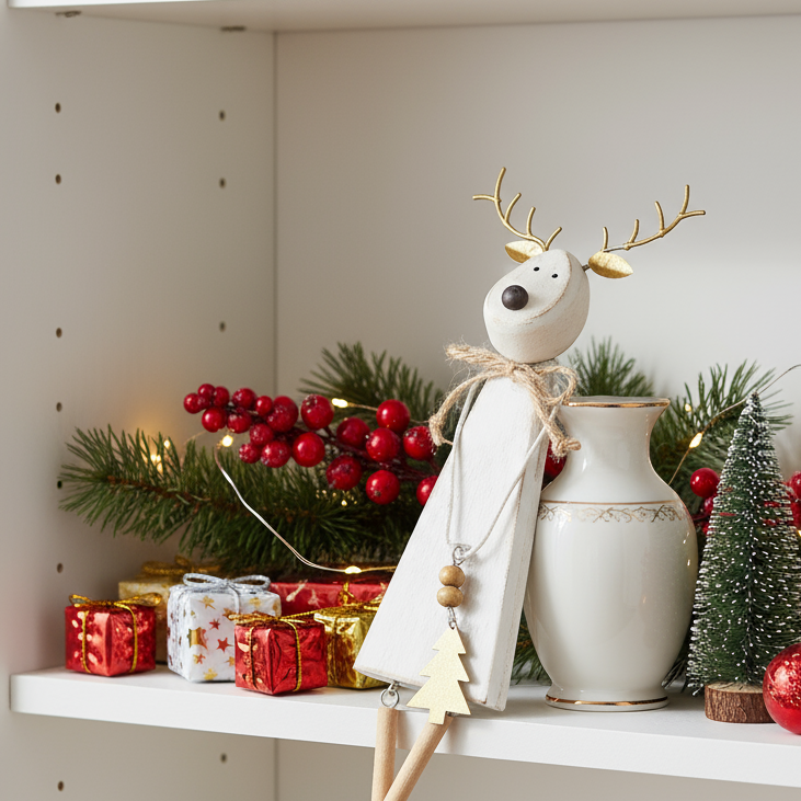Decorative reindeer figure with gold antlers and a white body on a light gray background