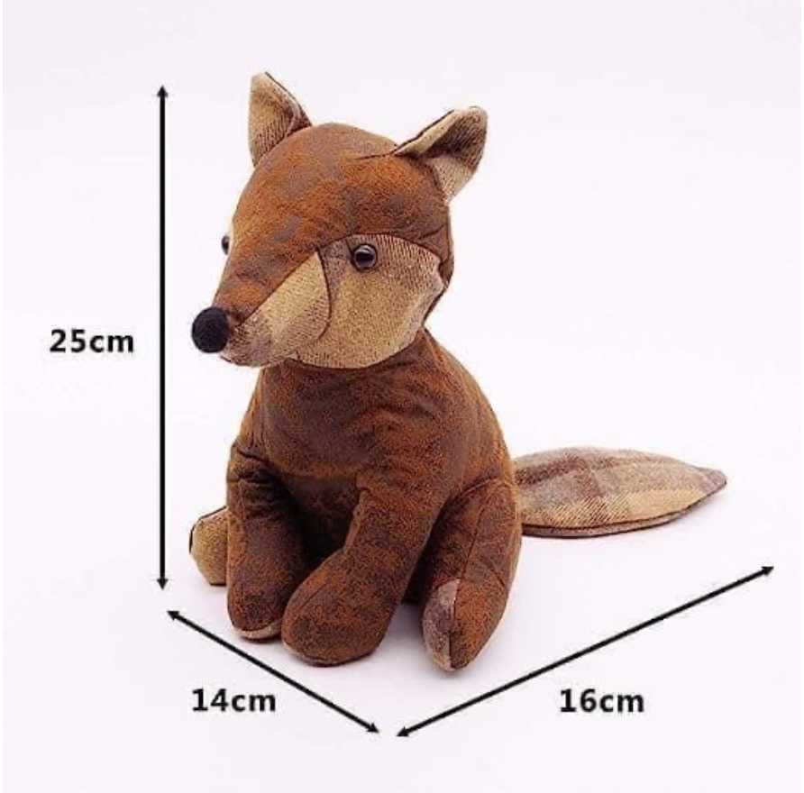 Plush fox toy with dimensions on a white background