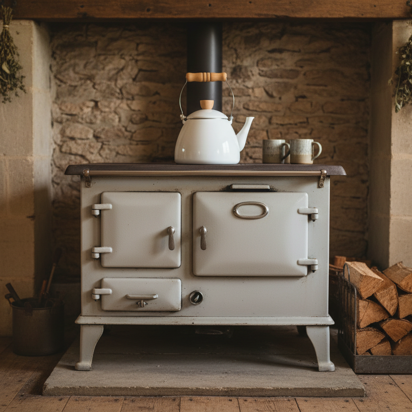 White kettle with wooden handle and lid knob on a white background