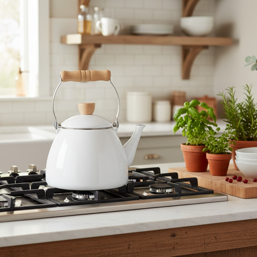 White kettle with wooden handle and lid knob on a white background