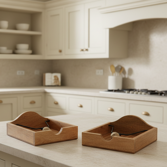 Two wooden trays with decorative elements on a white background