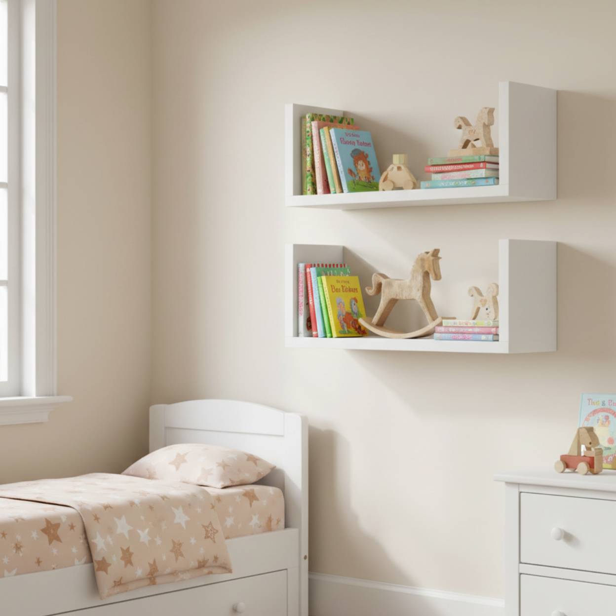Children's bedroom with white bed, shelves with books and toys, and a dresser.