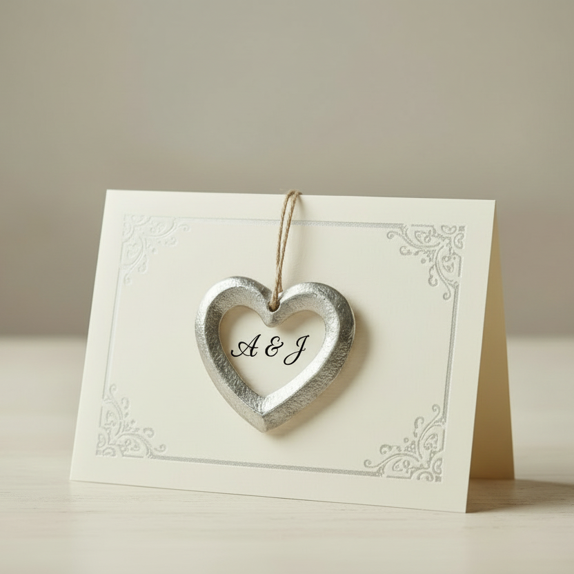 Silver heart-shaped ornament hanging against a light background, wedding favour