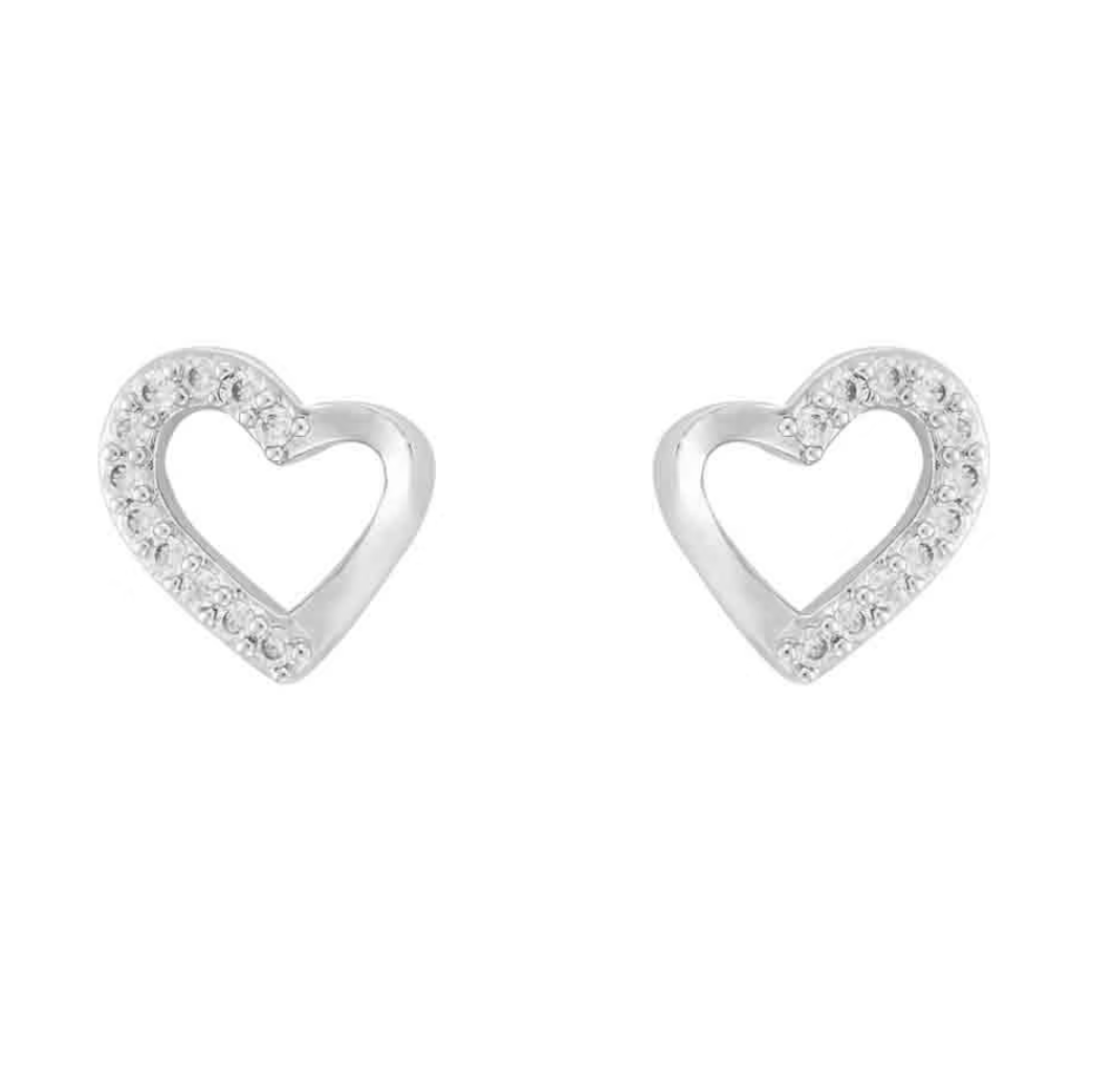 Heart-shaped silver earrings with small stones on a white background