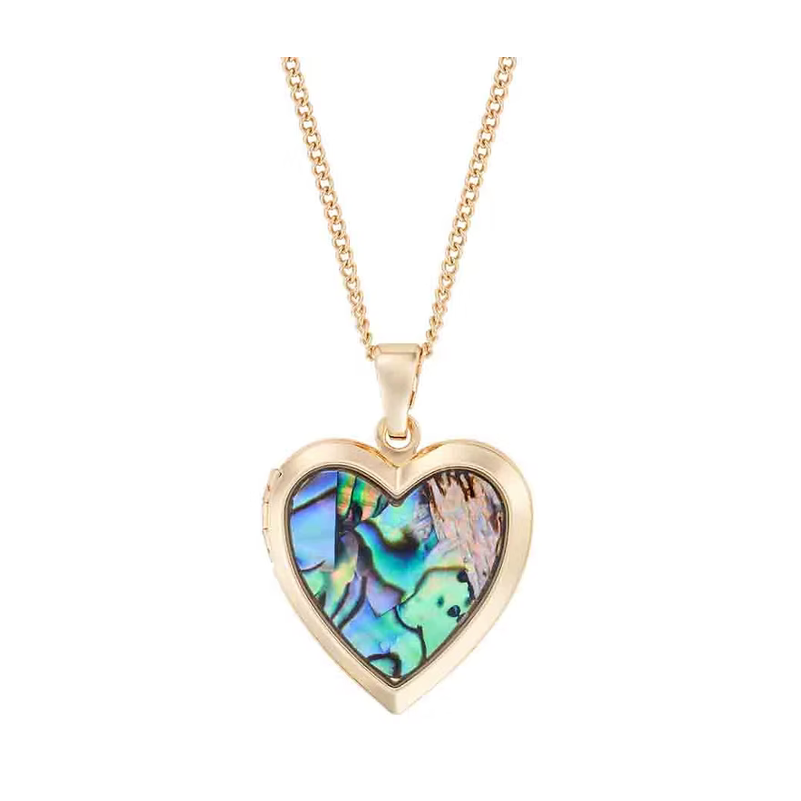 Heart-shaped pendant with abalone shell inlay on a gold chain against a white background