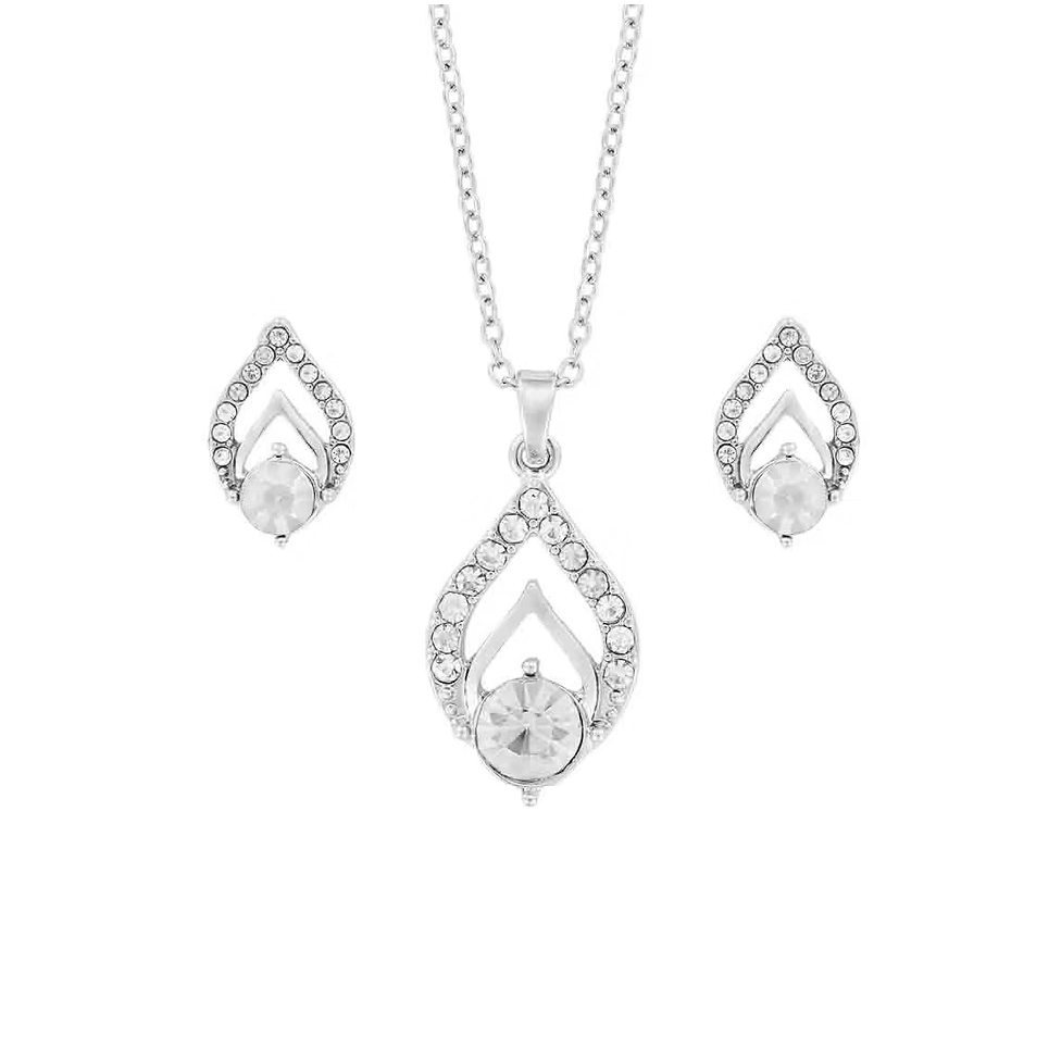 Silver teardrop necklace and earrings set on a white background