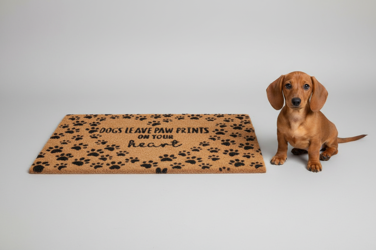 Doormat with paw prints and text 'DOGS LEAVE PAW PRINTS ON YOUR HEART'