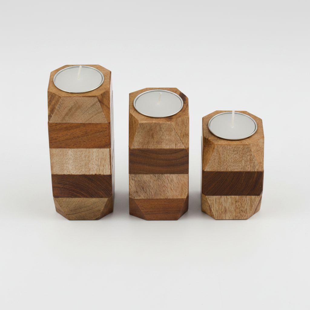 Three wooden candle holders with geometric designs on a white background