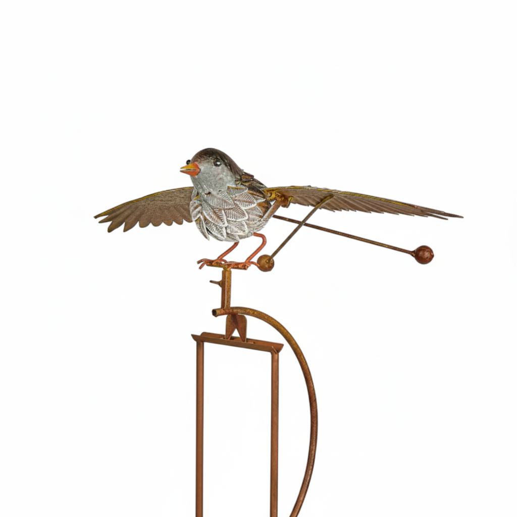 Decorative metal bird on a stand with a white background