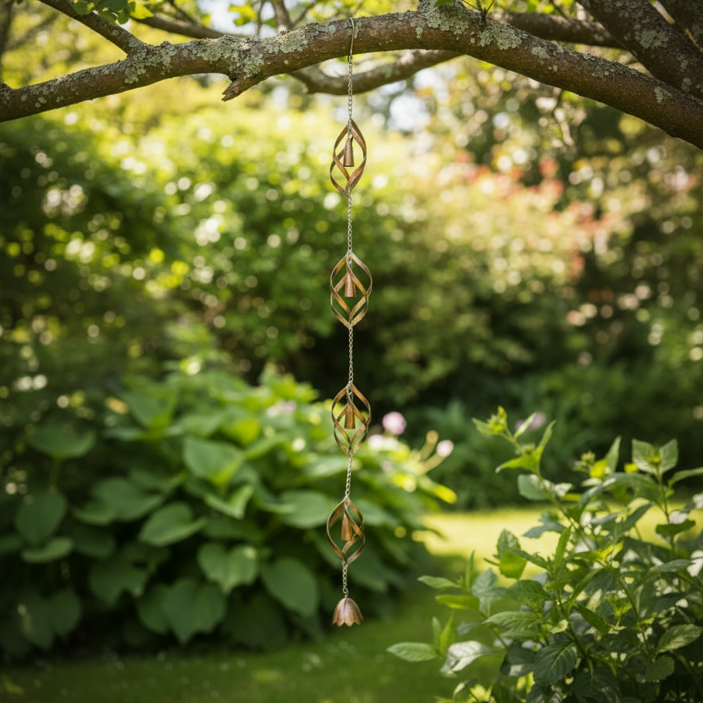 Decorative hanging chain with geometric designs on a white background