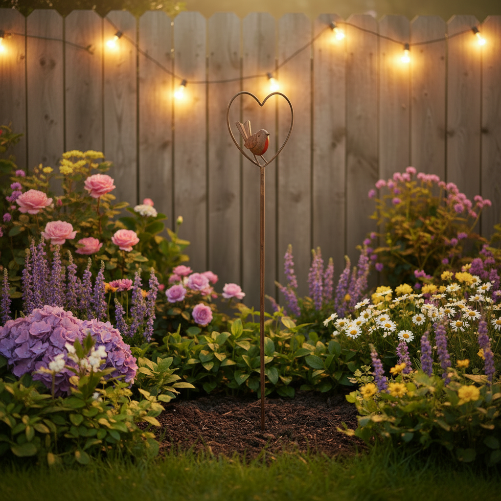 Decorative garden stake with a heart-shaped top and bird design on a white background