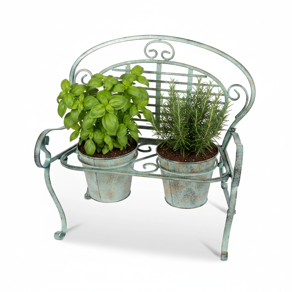Decorative metal chair with two planters on a white background