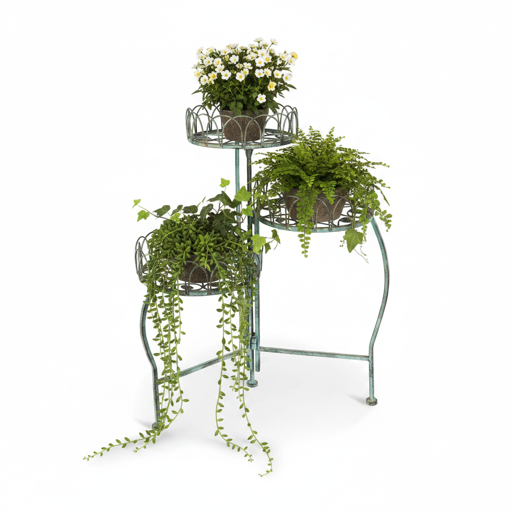 Three-tiered metal plant stand on a white background