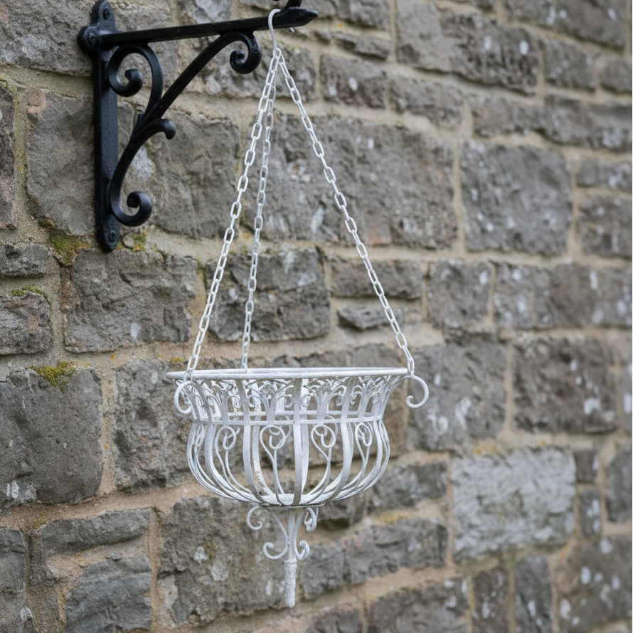 Decorative white metal hanging planter with chain against a natural background