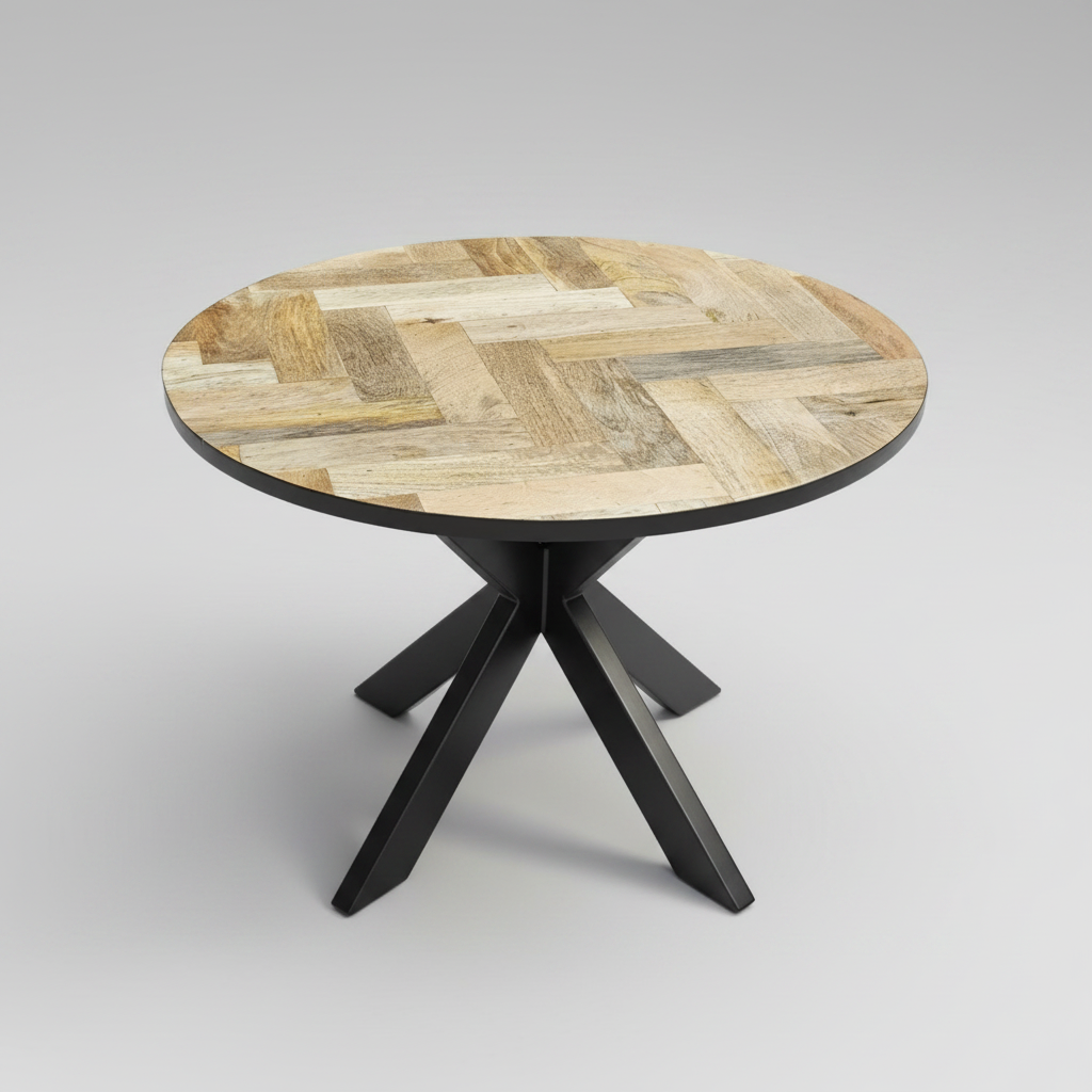 Round wooden table with a patchwork design on a tiled floor