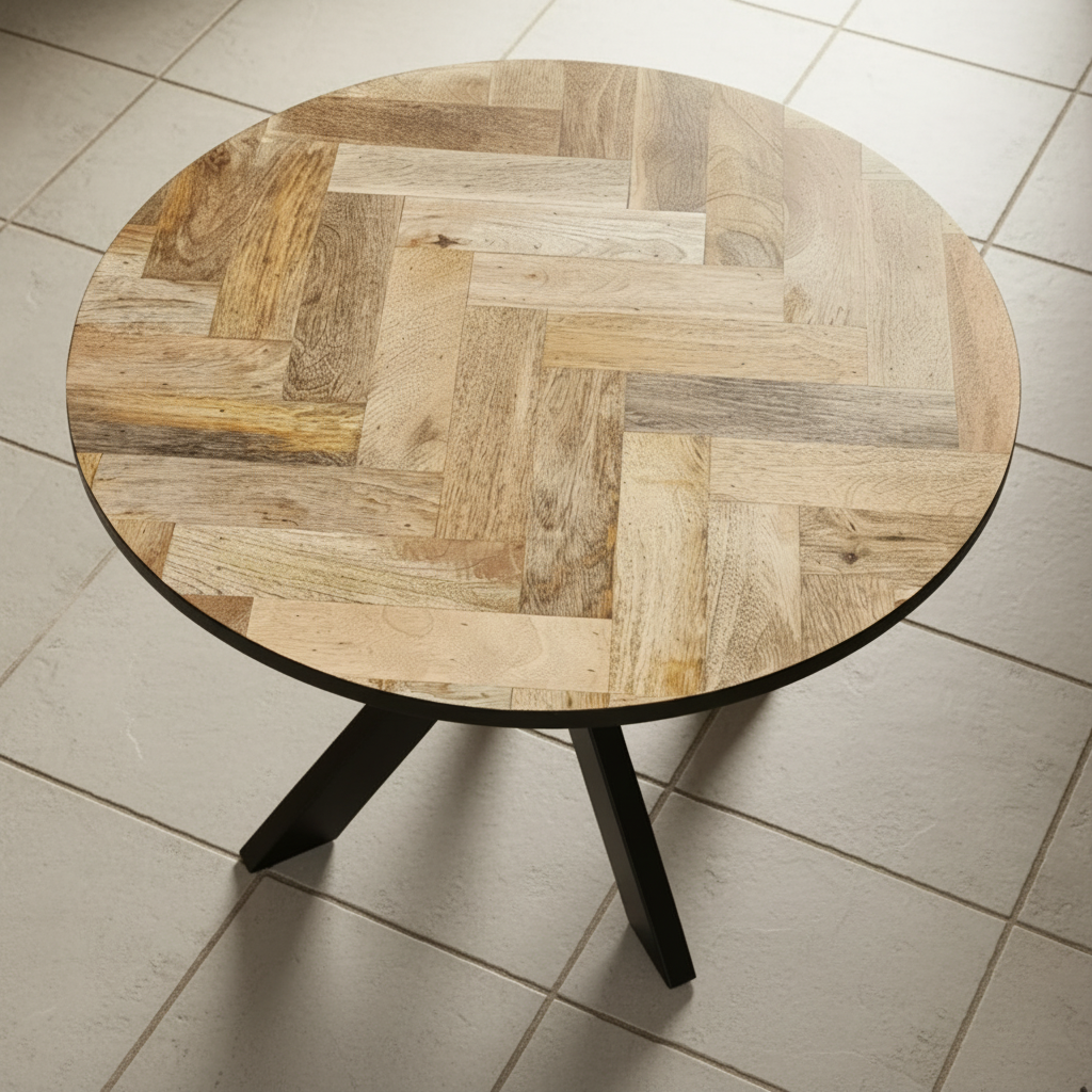 Round wooden table with a herringbone pattern on a stone floor