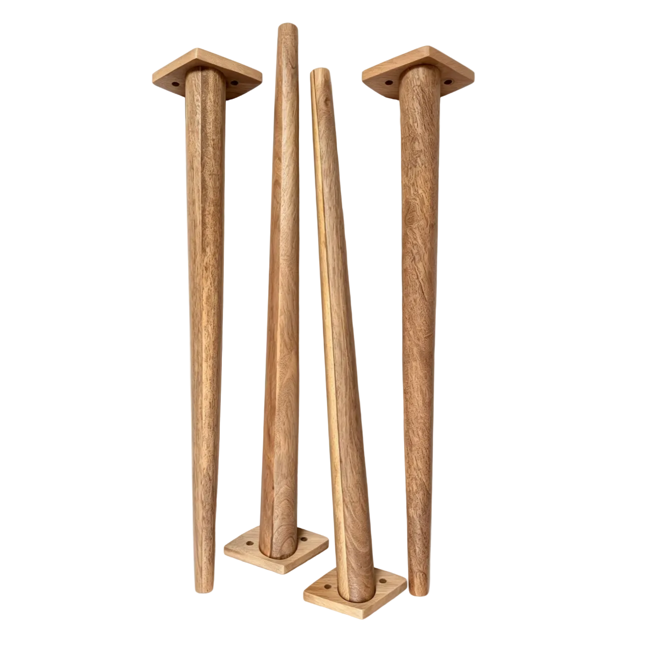 Four wooden table legs on a white background