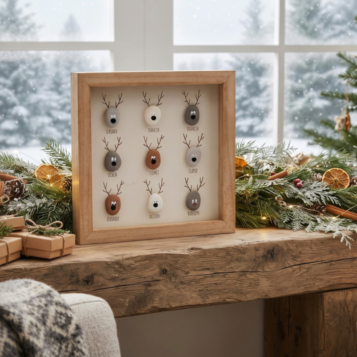 A square wooden shadow box display featuring 12 reindeer heads arranged in a 3x4 grid, styled on a rustic wooden mantel with holiday greenery and a snowy window background.