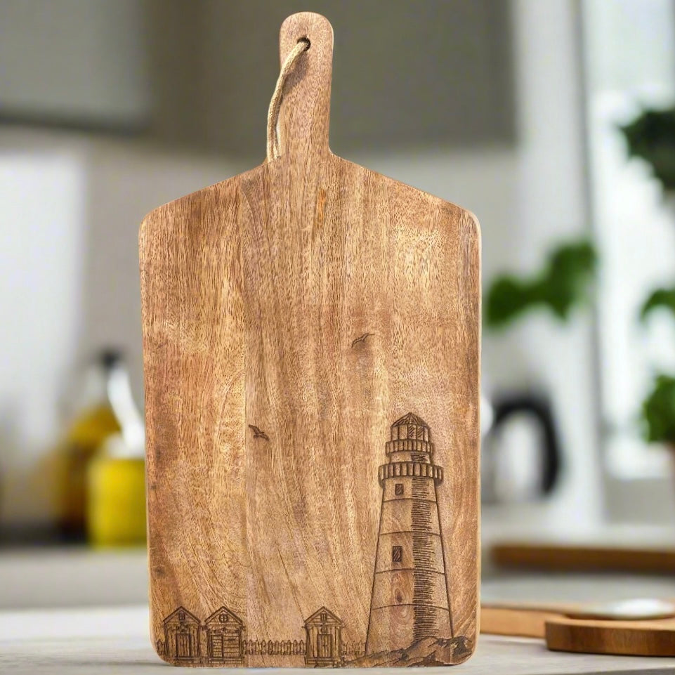 Solid Mango Hand Made Lighthouse Etched Chopping Board  stood up