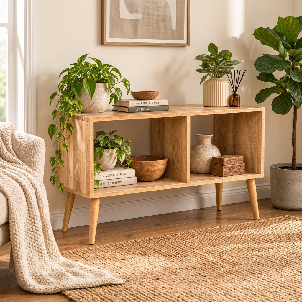 A mid-century modern wooden console table with open cubbies, styled with books, bowls, and potted plants in a cozy room setting.