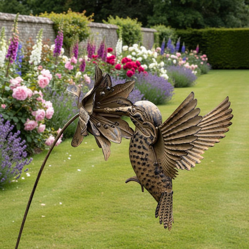 Bronze sculpture of a hummingbird on a flower in front of a brick building.