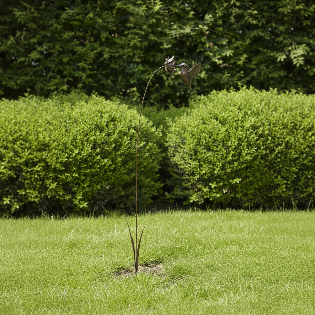 Metal sculpture of a bird on a branch in a garden with a brick building and hedge in the background.