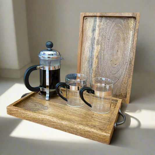 Mango wood mini tray with iron handles with coffee and cups