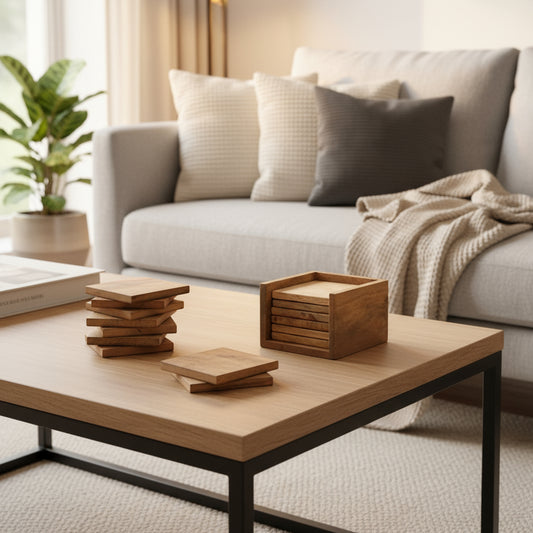 Set of 6 solid Mango wood square coasters with holder. Additional six coasters shown stacked next to holder. 