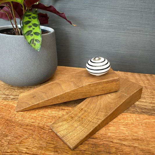 Mango wood door stop wedge. With or without ceramic knob handle.