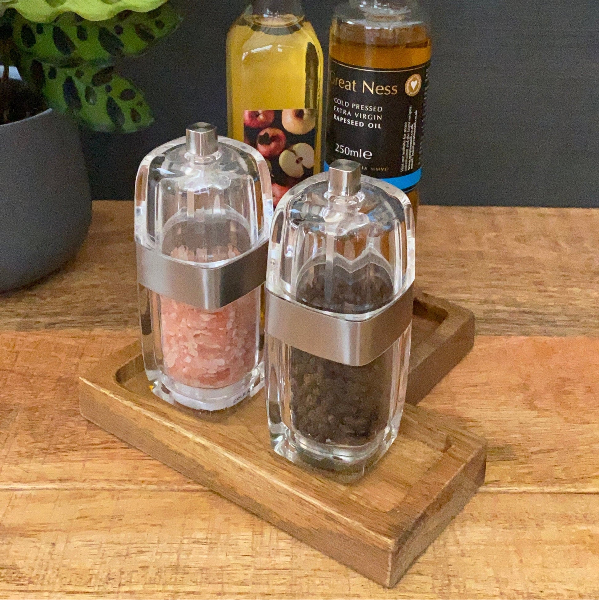 Mango wood condiment tray, mill rest or box. Full tray from an angle. 