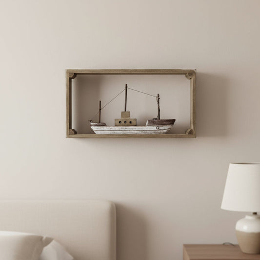 Rustic wood framed boat - shelf sitting decoration. Full Frame.