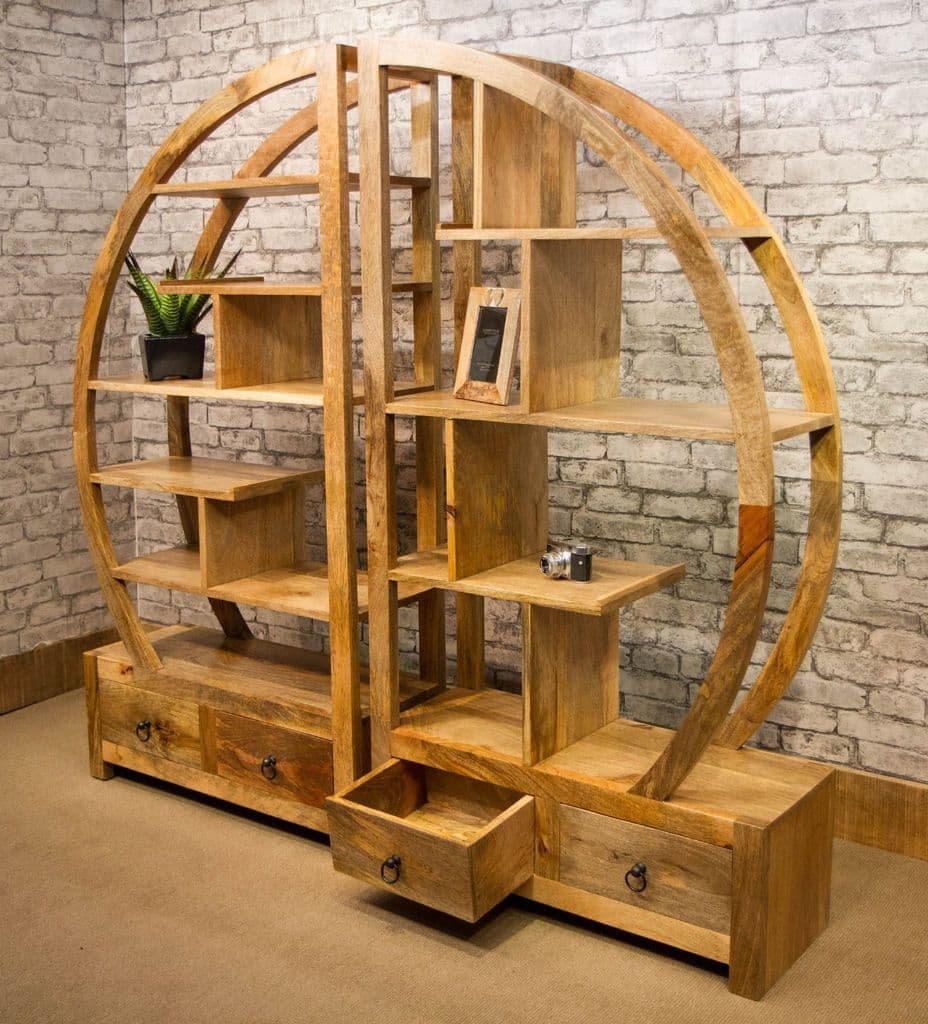 Mango wood arched room divider with drawers. 2 designs. Side on. 