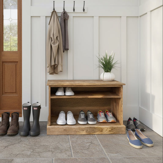 MANT-510 Solid Mango wood shoe storage bench, 74cm wide straight shot