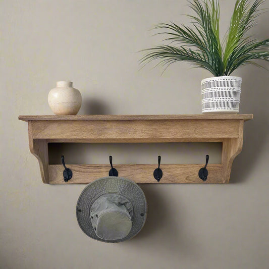 Mango wood 4 hook hat and coat rack with shelf - 80cm