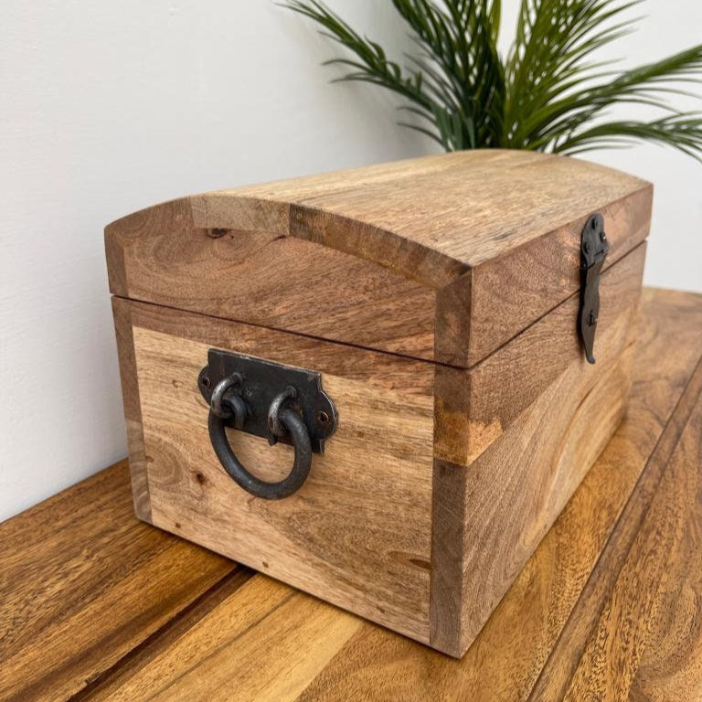 Dome topped treasure chests - Mango wood - 4 sizes available. Single chest from the side. 