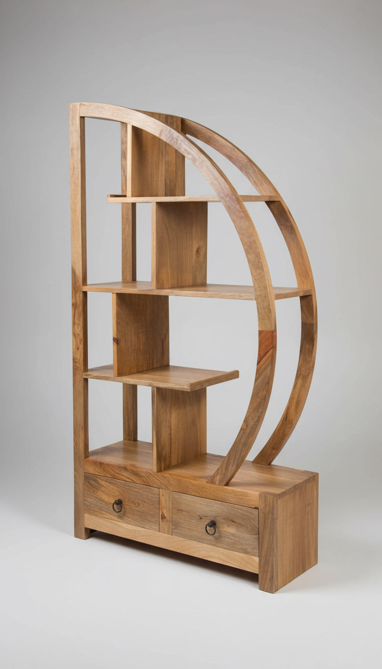Mango wood arched room divider with drawers. 2 designs. Side B. 