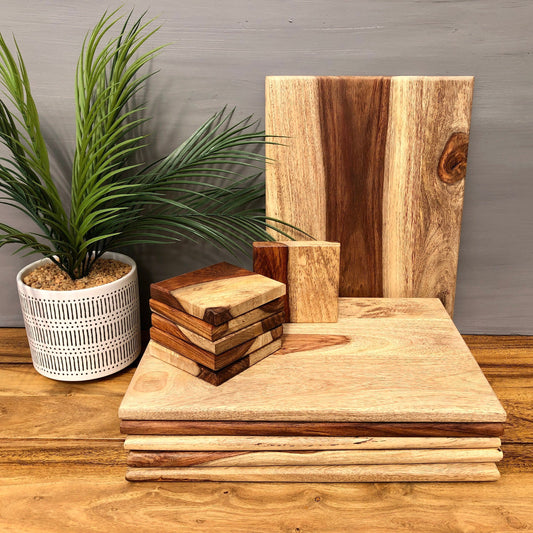 Set of Solid Natural Sheesham Wood Board Placemats & Coasters.