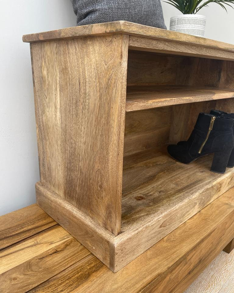 MANT-510 Solid Mango wood shoe storage bench, 74cm wide close up