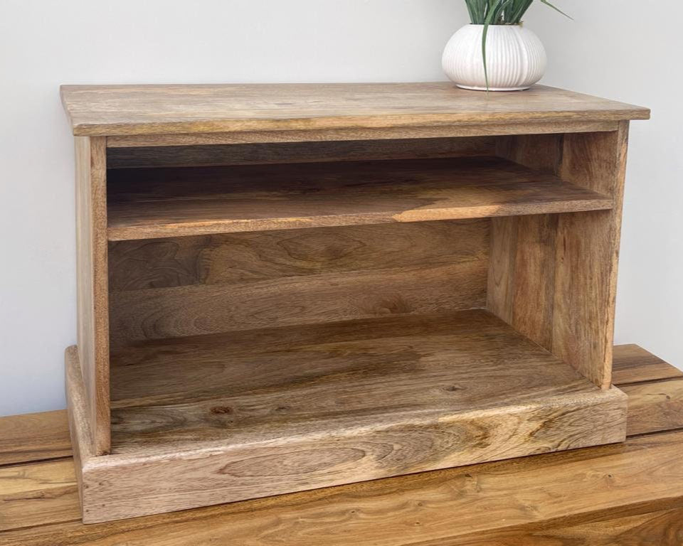 MANT-510 Solid Mango wood shoe storage bench, 74cm wide at an angle