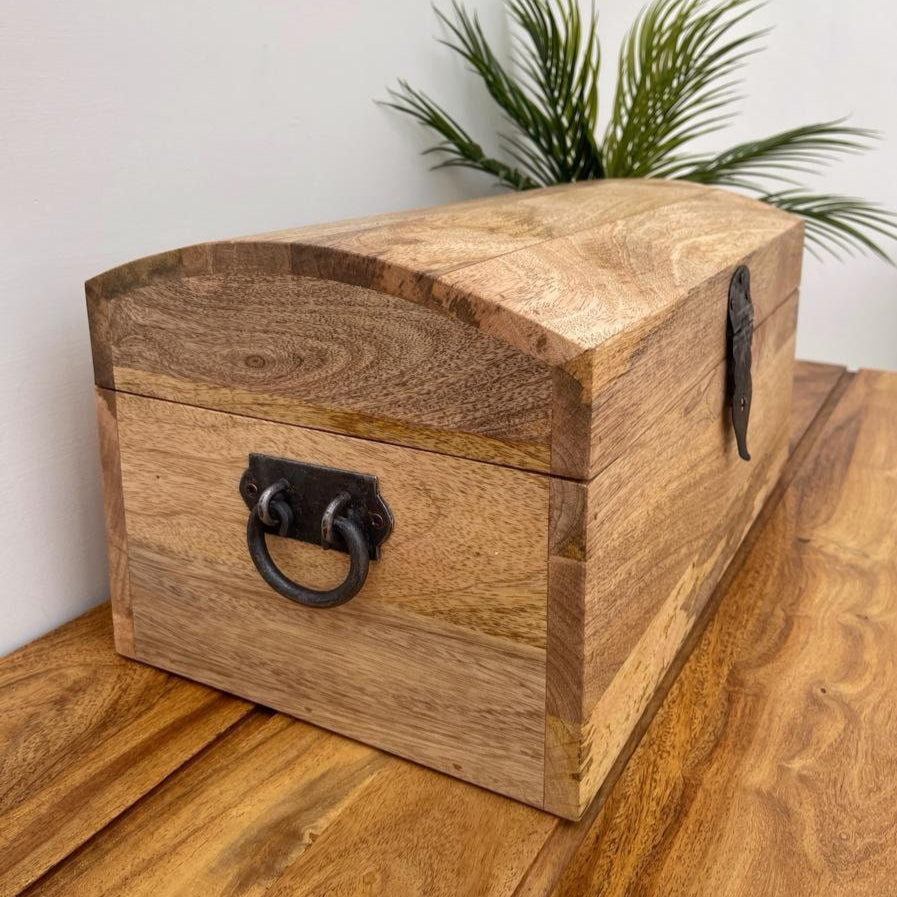 Dome topped treasure chests - Mango wood - 4 sizes available. Single chest from the side showing the handles. 