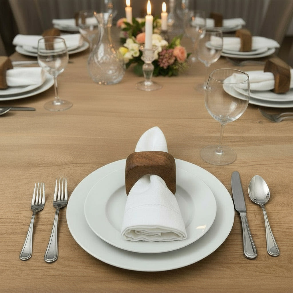 Set of solid Sheesham wood napkin rings with napkin in the middle. 