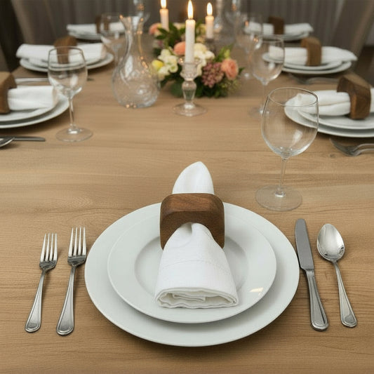 Set of solid Sheesham wood napkin rings with napkin in the middle. 